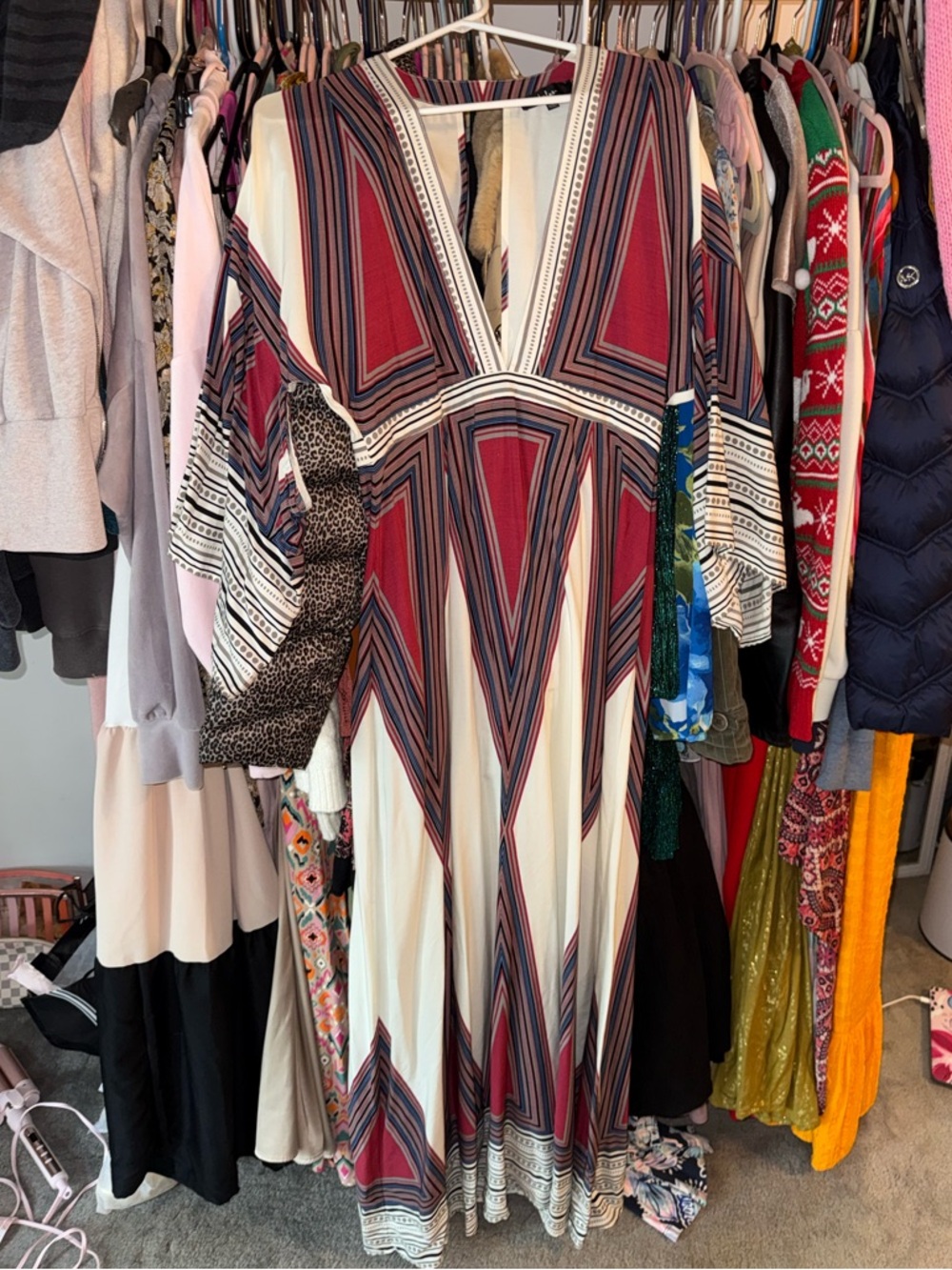 Lulu's Cream Maxi Dress with Red & Blue Geometric Print